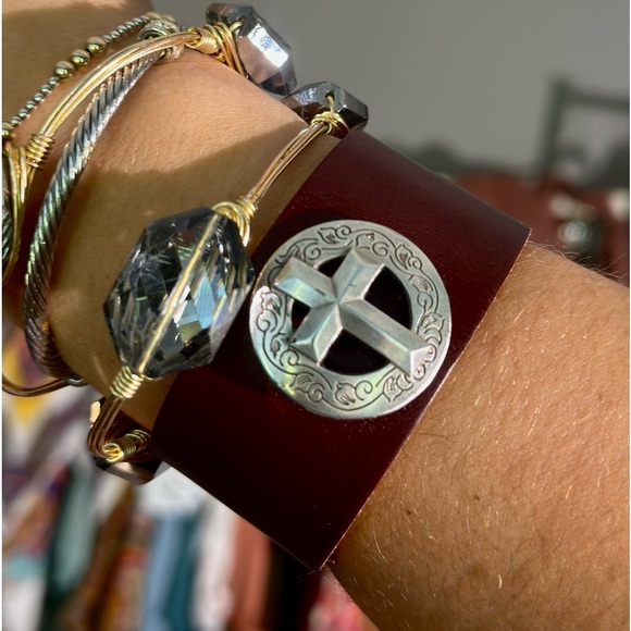 Brown Genuine Leather Bracelet with Silver Concho Cross - Picture 1 of 2